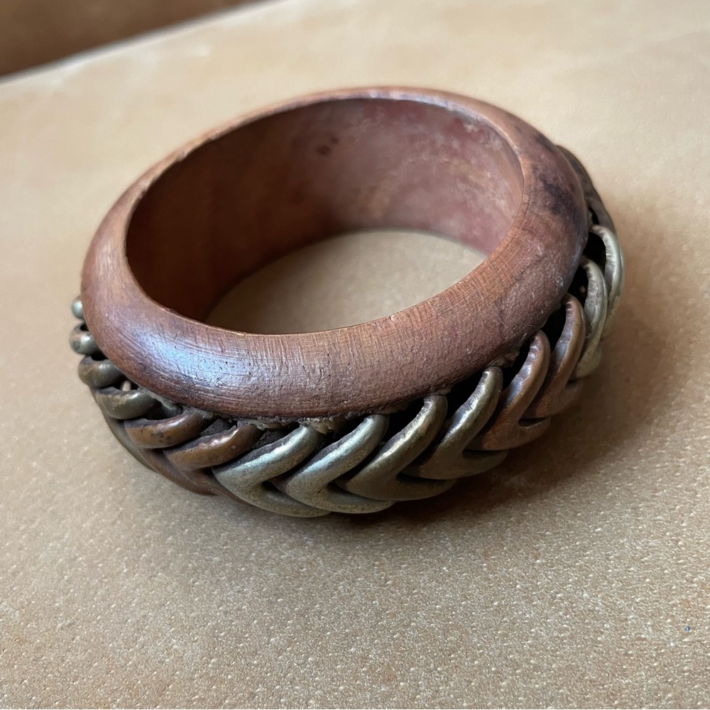 Vintage wood and metal bangle cuff bracelet brown silver gold